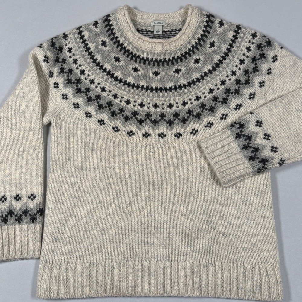LL Bean Womens Fair Isle Sweater Small Petite 100% Lambswool Nordic Gray Cream